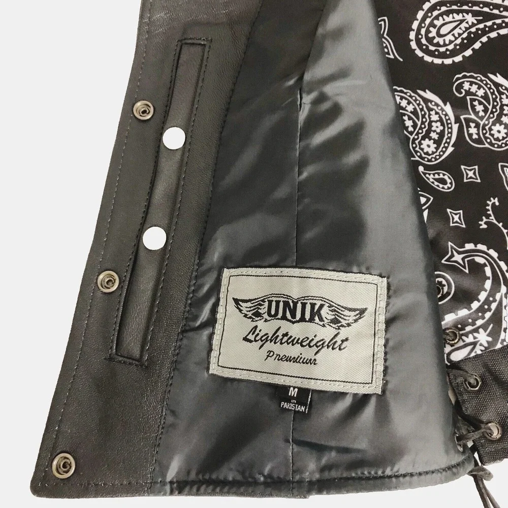 Unik Premium Women Sz M Black Leather Snap Front Vest Side Laces Paisley Liner - Picture 13 of 16